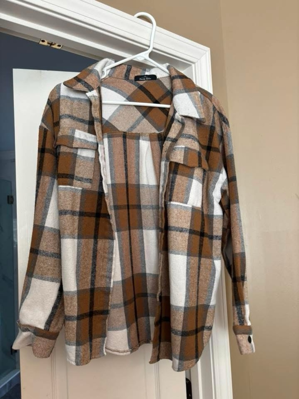 Women’s Plaid Shacket Jacket - Brown & Cream